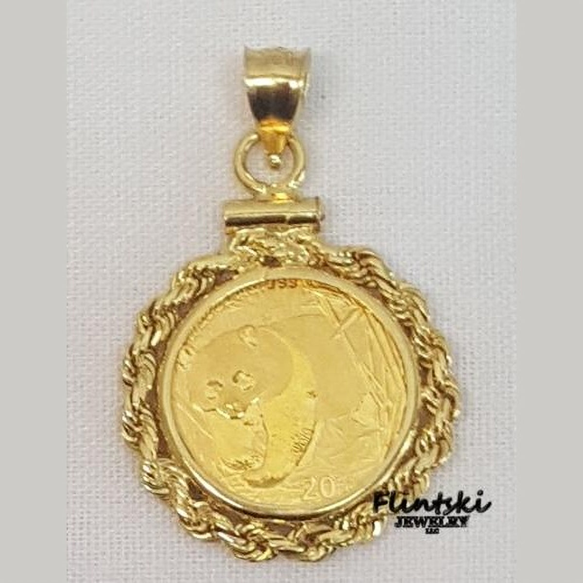 2001 1/20th Gold Panda 24k Gold Coin Encased in a 14k Yellow Gold Coin Bezel Pendant