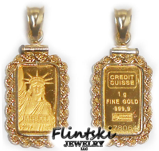 1 Gram Credit Suisse 24k Gold Bar Encased in a 14k Gold Coin Bezel Pendant