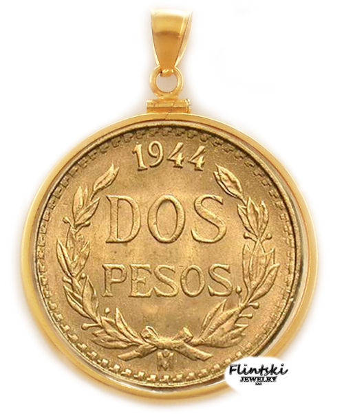 Dos 2 Peso 24k Gold Coin Encased in a 14k Gold Coin bezel Pendant