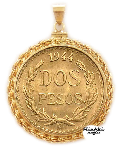 Dos 2 Peso 24k Gold Coin Encased in a 14k Gold Coin bezel Pendant