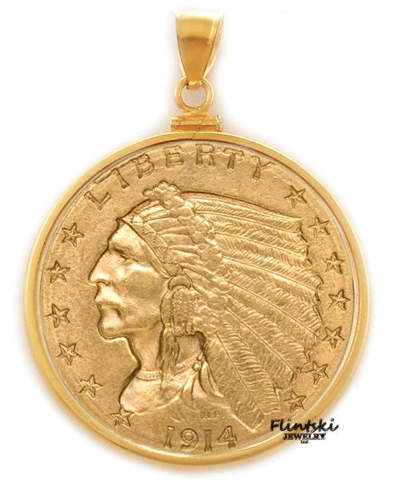 $2.50 Gold Indian 24k Gold Coin Encased in a 14k Yellow Gold Coin Bezel Pendant