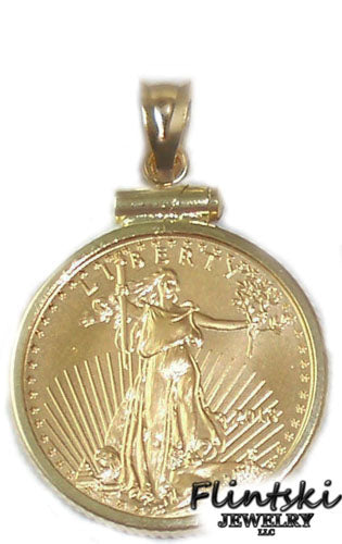 1/10 $5 Gold Eagle 24k Gold Coin Encased in a 14k Yellow Gold Coin Bezel Pendant - $5 Eagle Pendant Rope