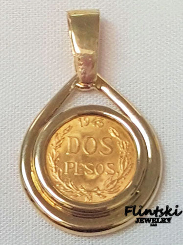 Dos 2 Peso 24k Gold Coin Encased in a 14k Gold Coin bezel Pendant