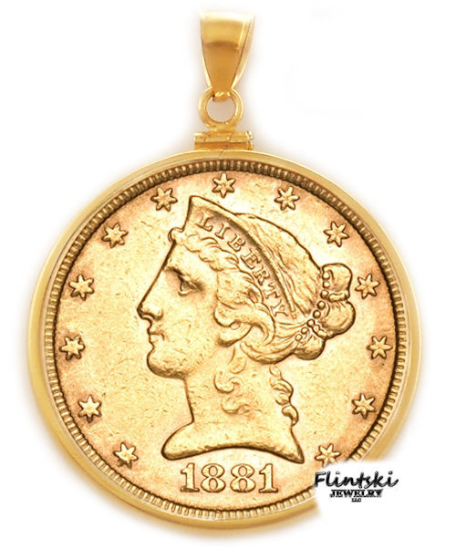 $5.00 Gold Liberty 24k Gold Coin Encased in a 14k Gold Coin Bezel Pendant