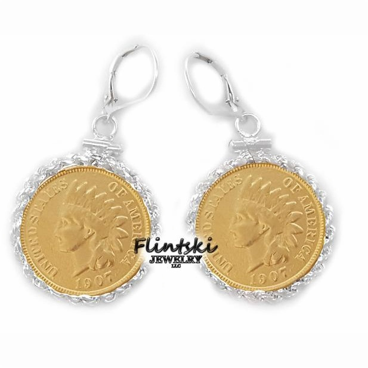 14k Yellow Gold Plated Indian Head Penny Coin Earrings Sterling Silver