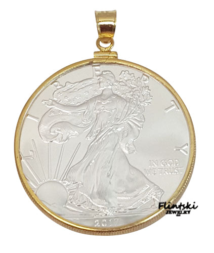 1 oz American Silver Eagle Silver Dollar Coin Pendant 1/20th 14k Yellow Gold Filled