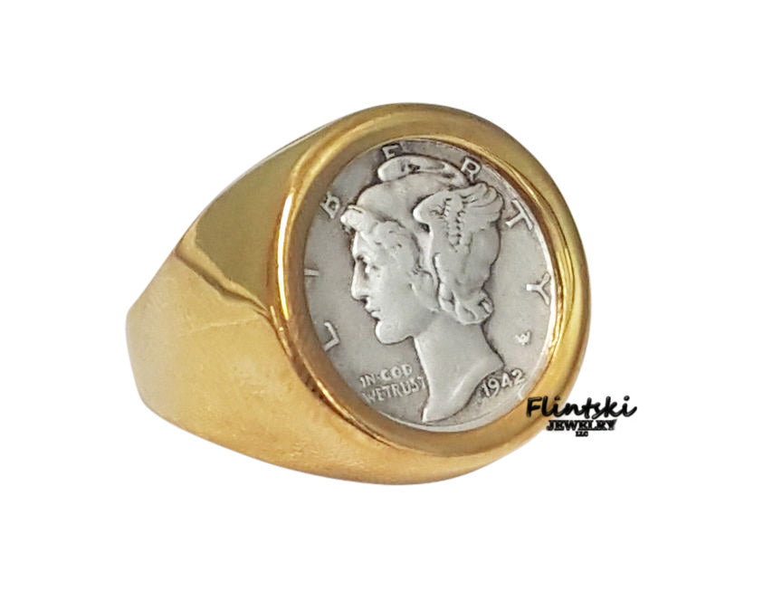 Mercury Dime Coin Ring Unisex 24k Gold Plated - 12.5