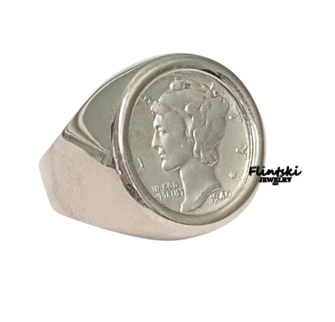 Mercury Dime Coin Ring Unisex Sterling Silver High Polished Smooth - 13