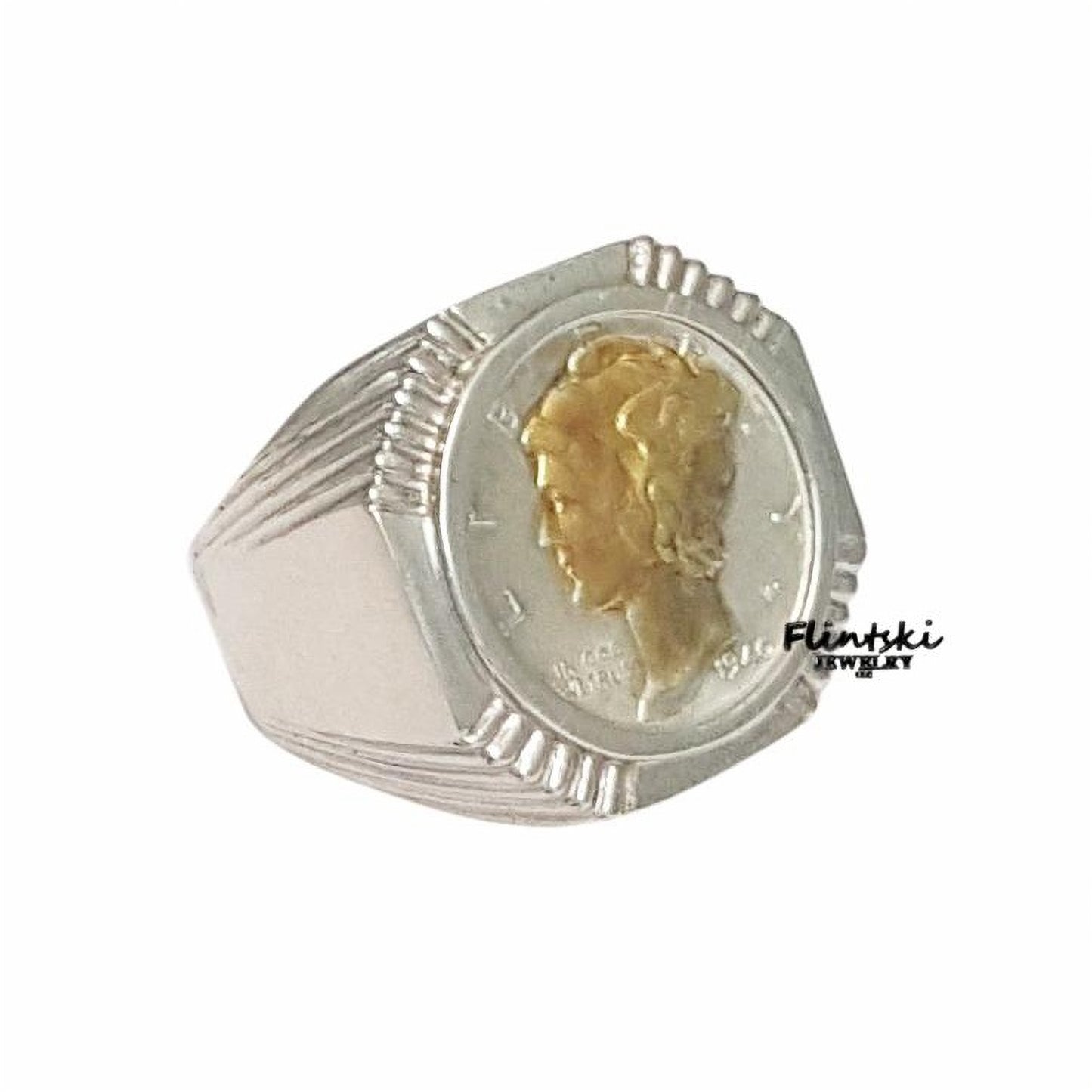 24k Gold Highlighted Mercury Dime Coin Ring Mens Sterling Silver Octagon Style