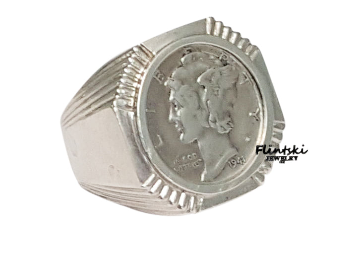 Mercury Dime Coin Ring Mens Sterling Silver Octagon Style - 10