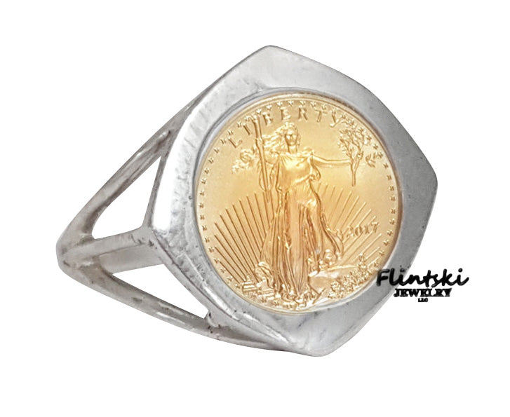 1/10th oz $5 Gold Eagle Coin Ring Ladies Sterling Silver Triangle Style - Without Coin 9.5