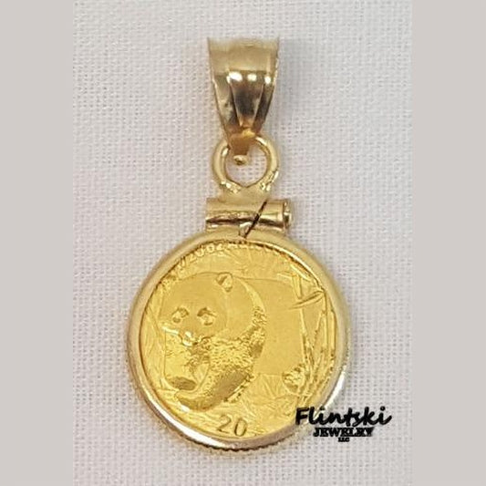 2001 1/20th Gold Panda 24k Gold Coin Encased in a 14k Yellow Gold Coin Bezel Pendant