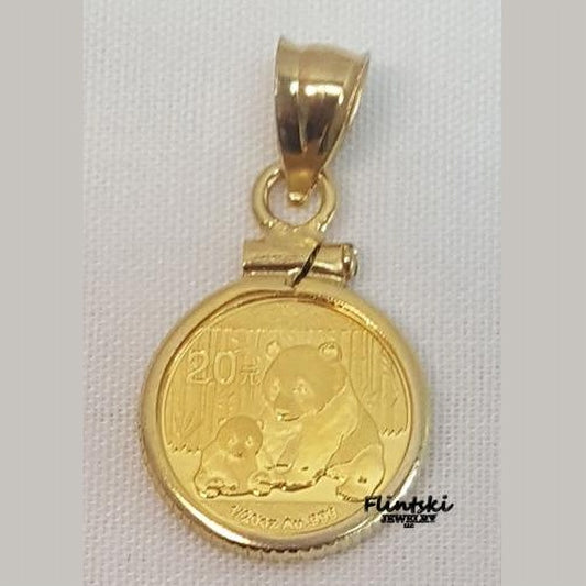 2012 1/20th Gold Panda 24k Gold Coin Encased in a 14k Yellow Gold Coin Bezel Pendant