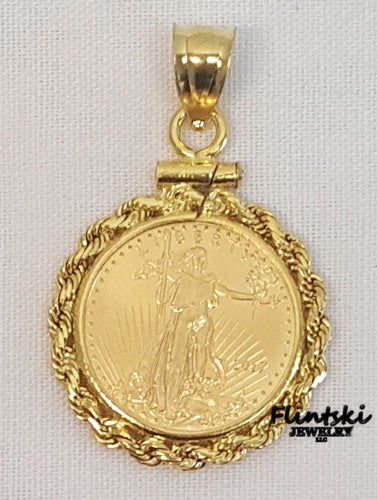 1/10 $5 Gold Eagle 24k Gold Coin Encased in a 14k Yellow Gold Coin Bezel Pendant
