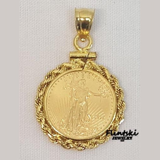 1/10 $5 Gold Eagle 24k Gold Coin Encased in a 14k Yellow Gold Coin Bezel Pendant