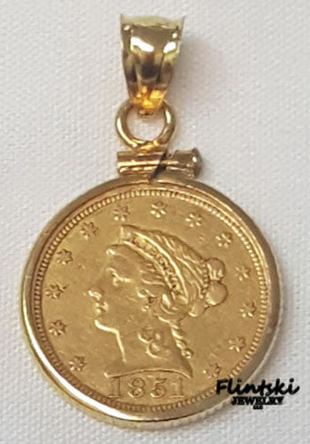 $2.50 Gold Liberty 24k Gold Coin Encased in a 14k Yellow Gold Coin Bezel Pendant - Diamond Cut