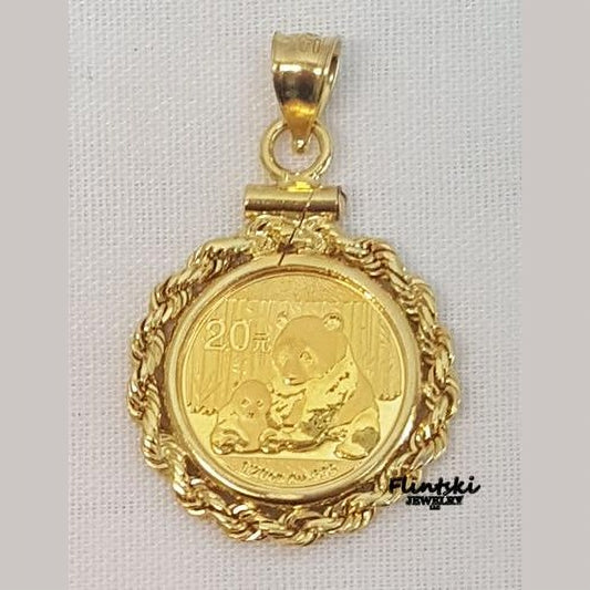2012 1/20th Gold Panda 24k Gold Coin Encased in a 14k Yellow Gold Coin Bezel Pendant - 1-20th Gold Panda Pendant Rope