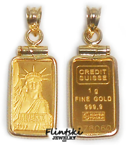 1 Gram Credit Suisse 24k Gold Bar Encased in a 14k Gold Coin Bezel Pendant