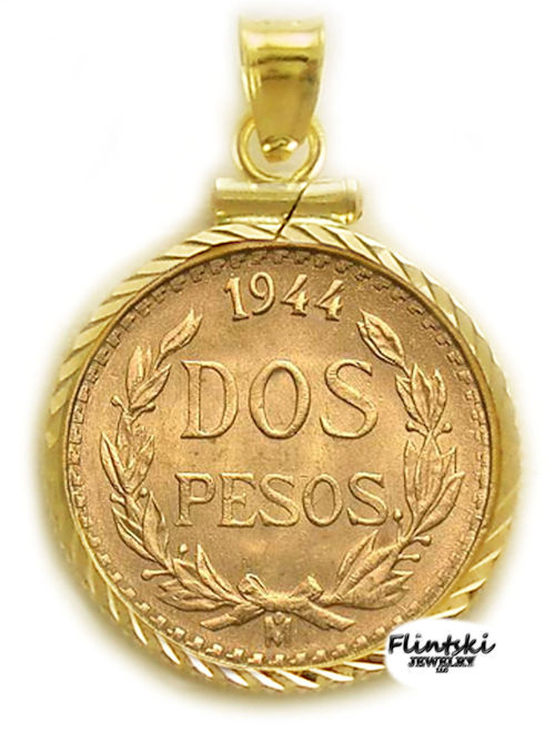 Dos 2 Peso 24k Gold Coin Encased in a 14k Gold Coin bezel Pendant