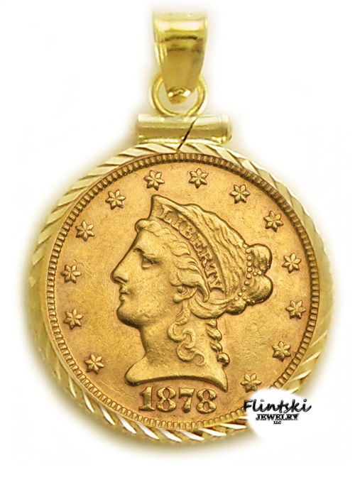 $2.50 Gold Liberty 24k Gold Coin Encased in a 14k Yellow Gold Coin Bezel Pendant - Rope