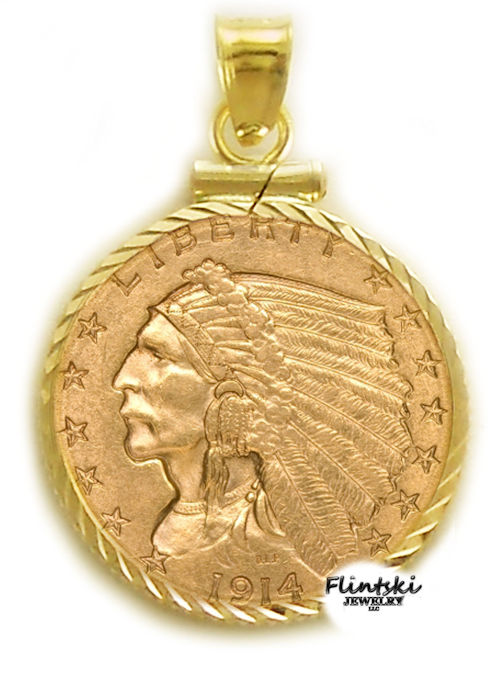 $2.50 Gold Indian 24k Gold Coin Encased in a 14k Yellow Gold Coin Bezel Pendant