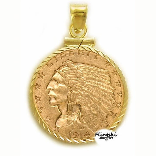 $2.50 Gold Indian 24k Gold Coin Encased in a 14k Yellow Gold Coin Bezel Pendant