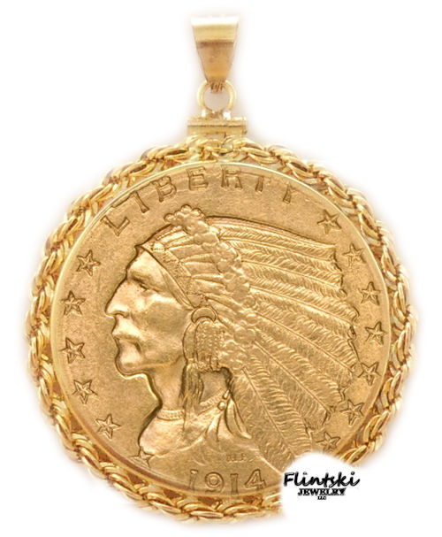 $2.50 Gold Indian 24k Gold Coin Encased in a 14k Yellow Gold Coin Bezel Pendant - Rope