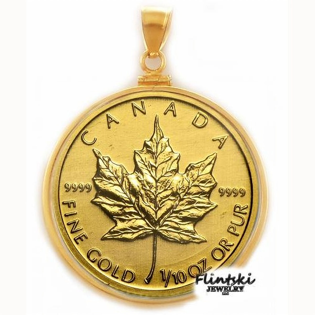 2017 1/10th oz Maple Leaf 24k Gold Coin Encased in a 14k Yellow Gold Coin Bezel Pendant