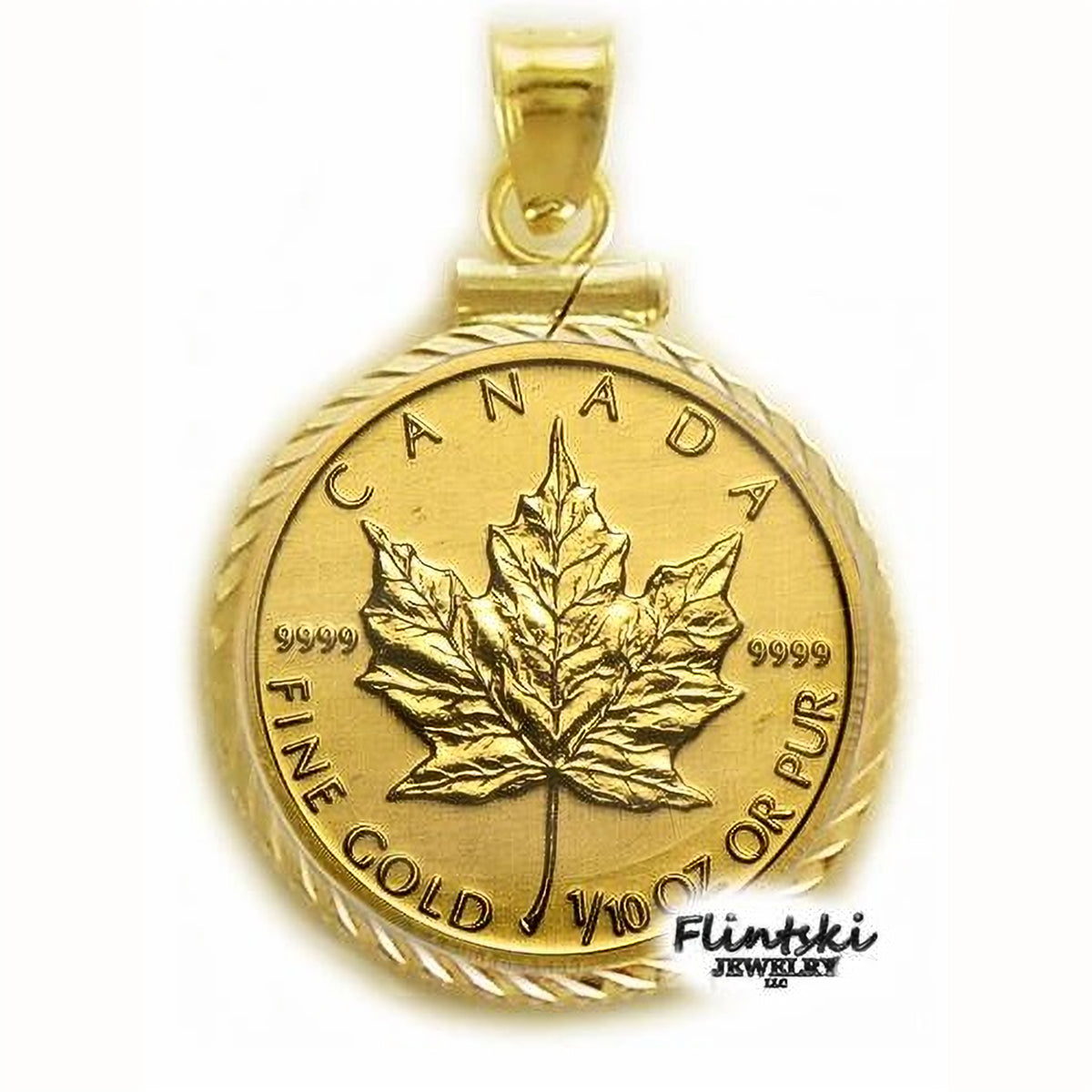 2017 1/10th oz Maple Leaf 24k Gold Coin Encased in a 14k Yellow Gold Coin Bezel Pendant