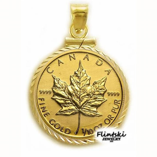 2017 1/10th oz Maple Leaf 24k Gold Coin Encased in a 14k Yellow Gold Coin Bezel Pendant