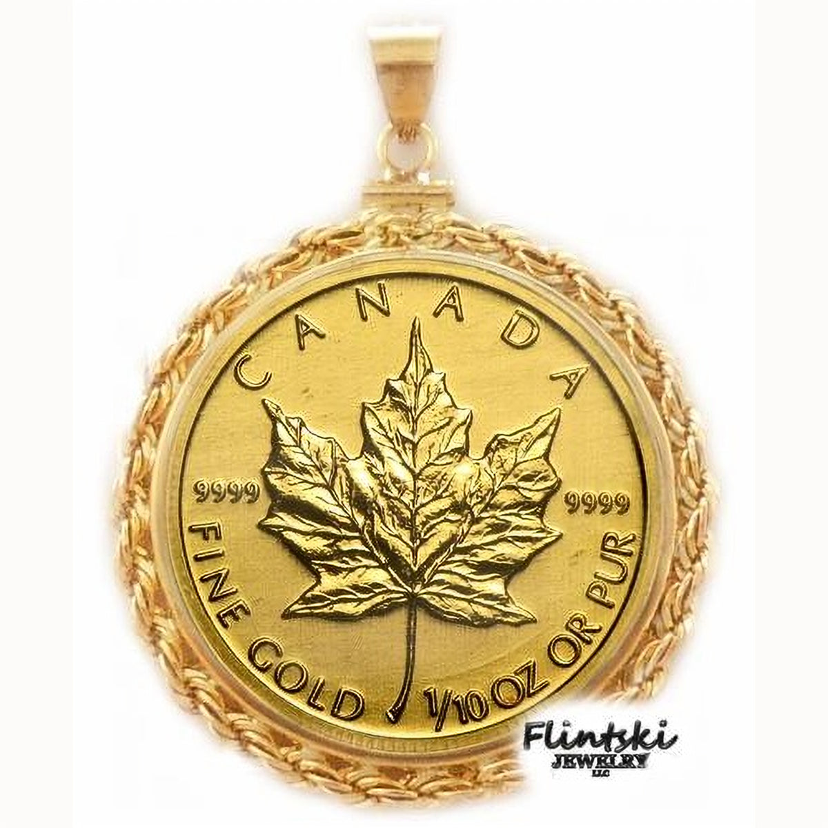2017 1/10th oz Maple Leaf 24k Gold Coin Encased in a 14k Yellow Gold Coin Bezel Pendant