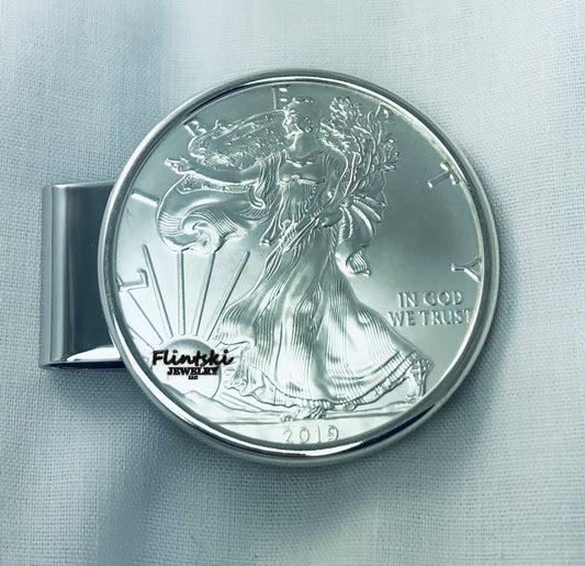 1 oz American Silver Eagle Silver Dollar Hinged Back Money Clip .925 Sterling Silver and Rhodium Plated