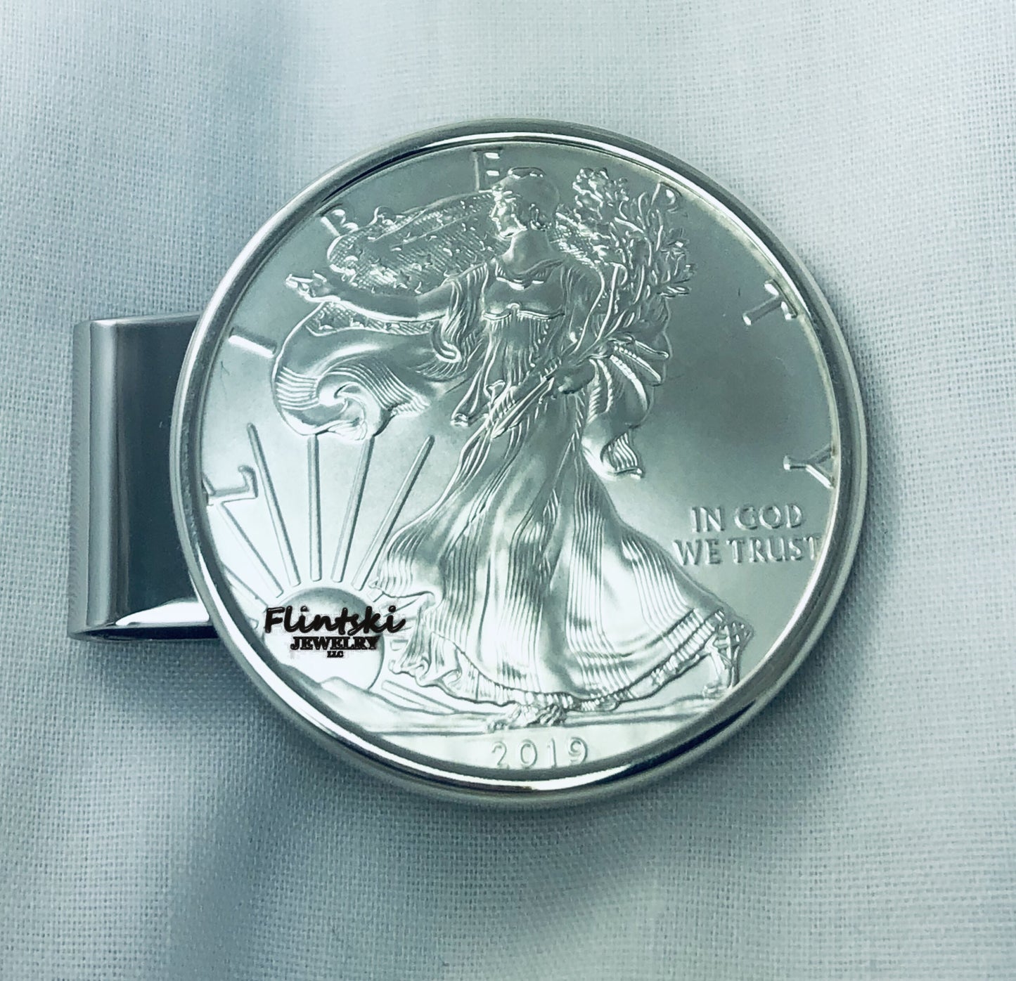 1 oz American Silver Eagle Silver Dollar Hinged Back Money Clip Sterling Silver and Rhodium Plated - 2021