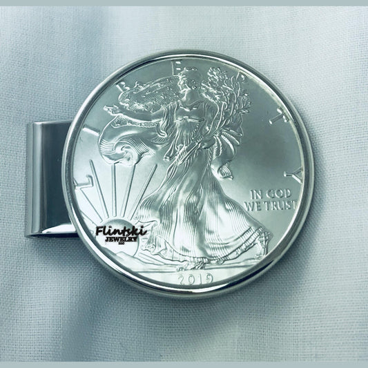 1 oz American Silver Eagle Silver Dollar Hinged Back Money Clip Sterling Silver and Rhodium Plated
