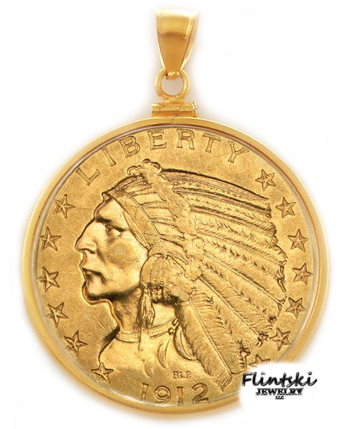 $5.00 Gold Indian 24k Gold Coin Encased in a 14k Yellow Gold Coin Bezel Pendant - Diamond Cut