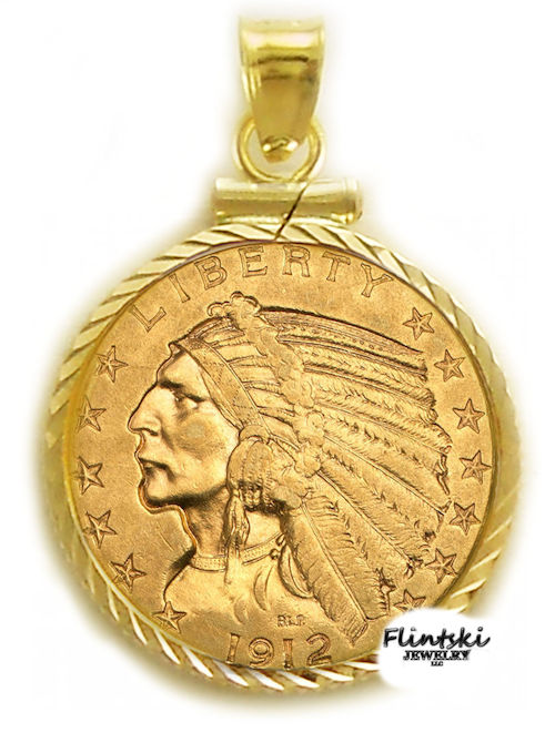 $5.00 Gold Indian 24k Gold Coin Encased in a 14k Yellow Gold Coin Bezel Pendant - Rope