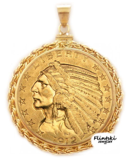 $5.00 Gold Indian 24k Gold Coin Encased in a 14k Yellow Gold Coin Bezel Pendant - Diamond Cut