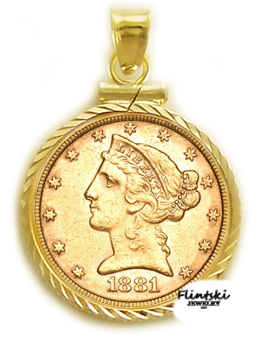 $5.00 Gold Liberty 24k Gold Coin Encased in a 14k Yellow Gold Coin Bezel Pendant - Diamond Cut