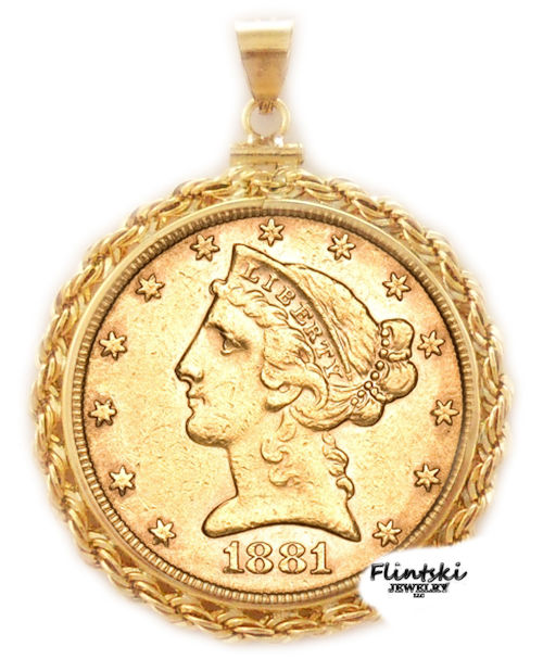 $5.00 Gold Liberty 24k Gold Coin Encased in a 14k Yellow Gold Coin Bezel Pendant - Rope