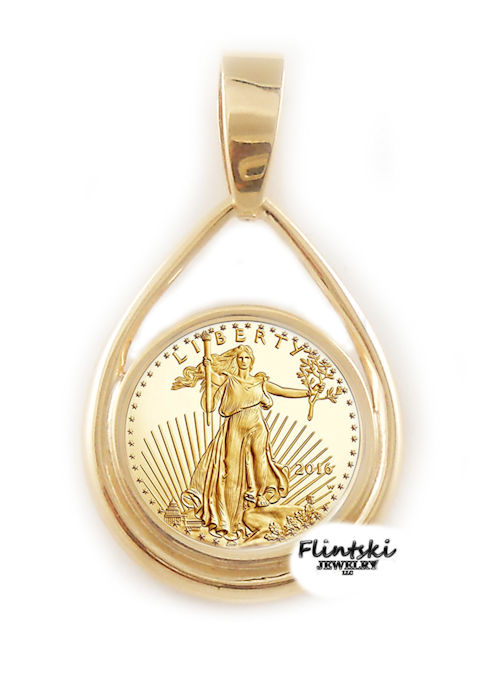 1/10 oz $5 Gold Eagle 24k Gold Coin Encased in a 14k Yellow Gold Teardrop Coin Bezel Pendant