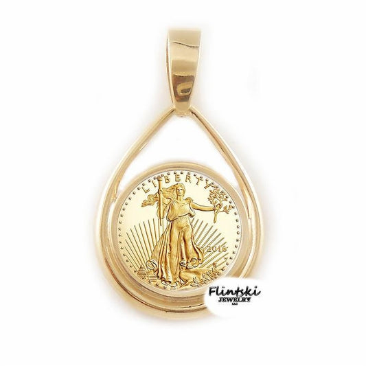 1/10 oz $5 Gold Eagle 24k Gold Coin Encased in a 14k Yellow Gold Teardrop Coin Bezel Pendant