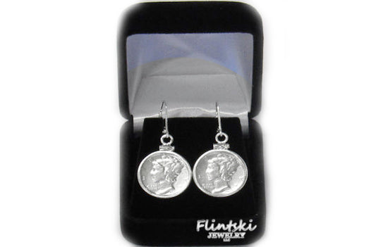 Mercury Dime Coin Earrings Sterling Silver Coin Edge Coin Bezel Leverback
