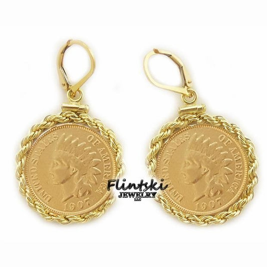 14k Yellow Gold Plated Indian Head Penny Coin Earrings Gold Filled