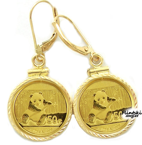 1/10 Yellow Gold Panda Coin Earrings 14k Yellow Gold - Diamond Cut