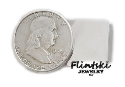 Franklin Half Dollar Hinged Back Money Clip .925 Sterling Silver and Rhodium Plated