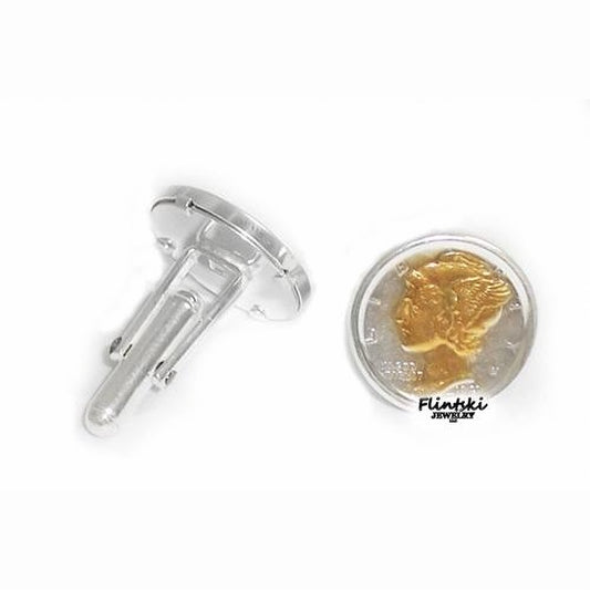 14k Yellow Gold Highlighted Mercury Dime Coin Cuff Links Sterling Silver