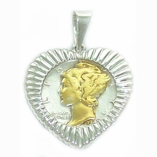 14k Yellow Gold Highlighted Mercury Dime Heart Charm Sterling Silver