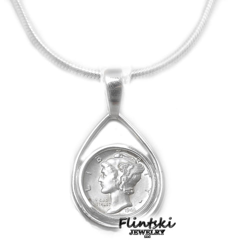 Mercury Dime Teardrop Coin Pendant with 24" 1.2mm Snake Chain Sterling Silver