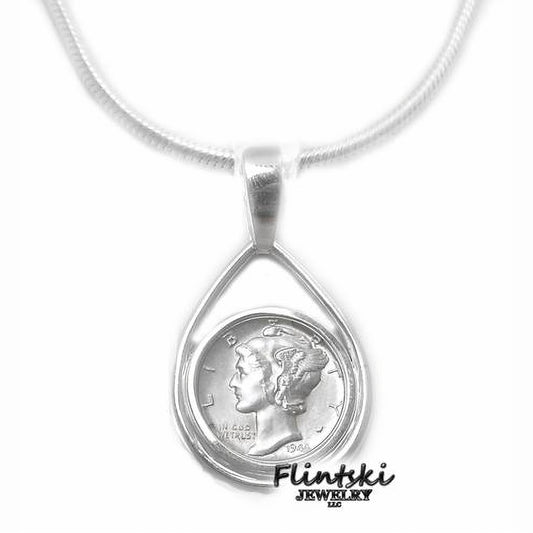 Mercury Dime Teardrop Coin Pendant with 24" 1.2mm Snake Chain Sterling Silver