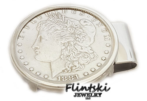 Morgan Silver Dollar Hinged Back Money Clip Sterling Silver and Rhodium Plated - 1886
